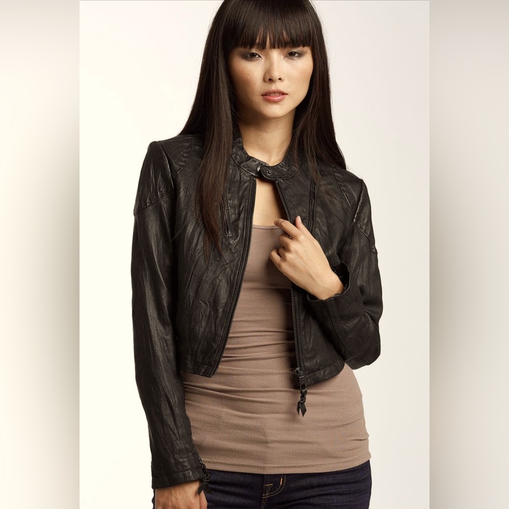 June moto crop leather jacket in chocolate